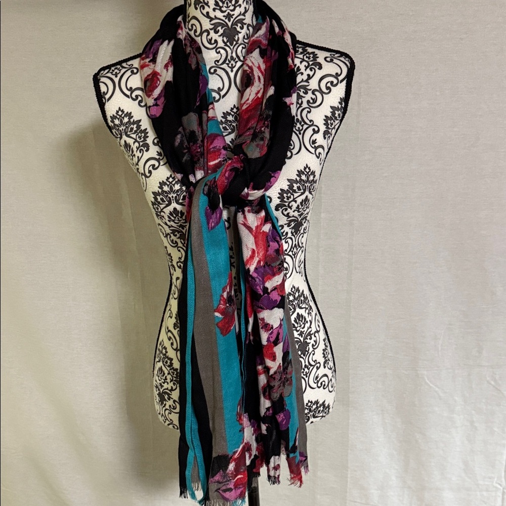 Liz Claiborne Rayon Floral Scarf with Black and Red Accents